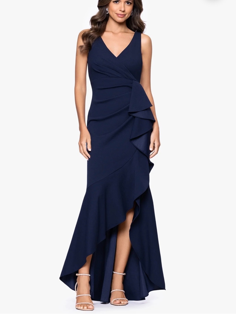 Betsy & Adam Candace V-Neck Hi-Low Cascade Dress Navy 18W NWOT